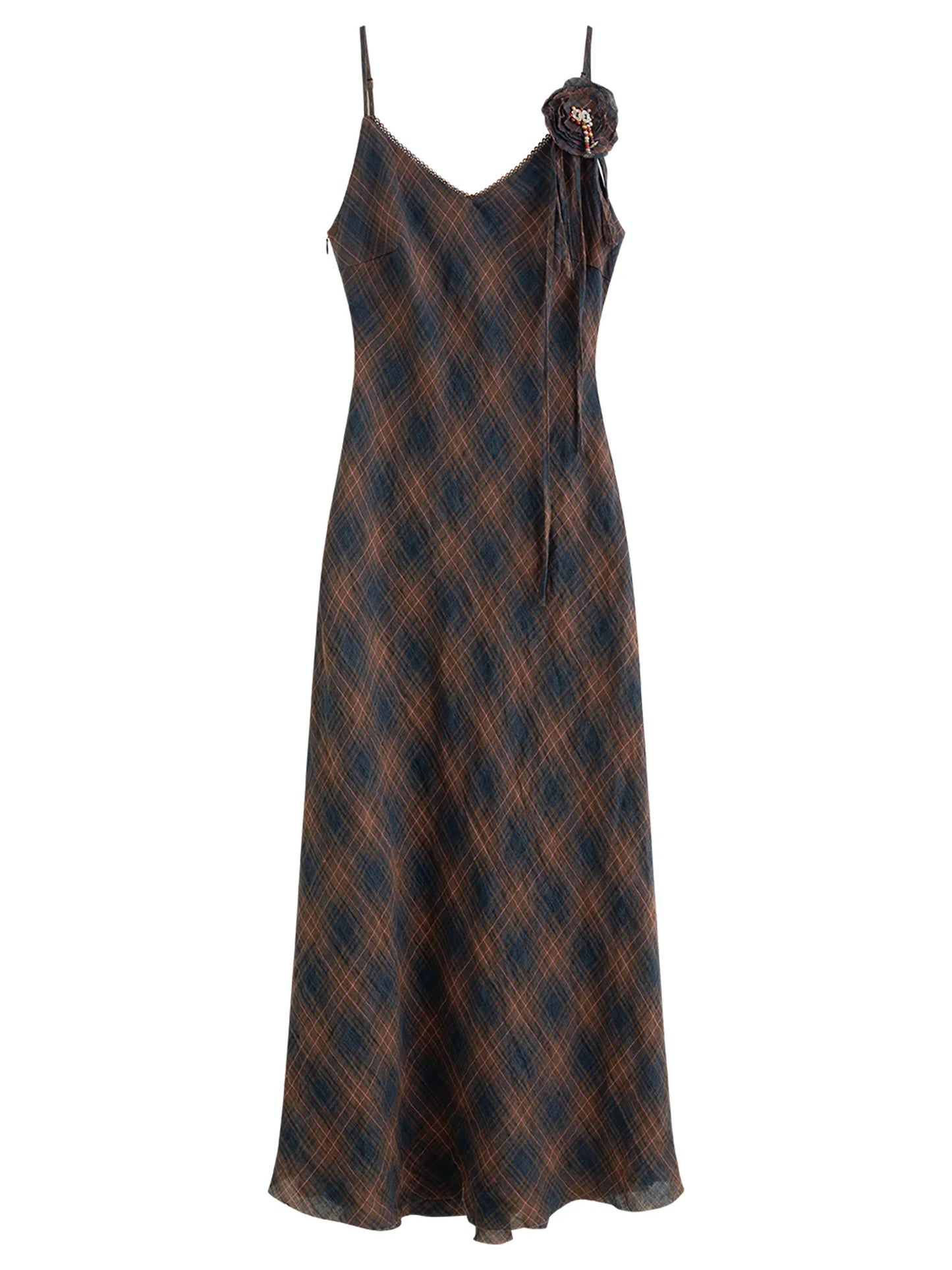 Brown Plaid Slip Midi Dress
