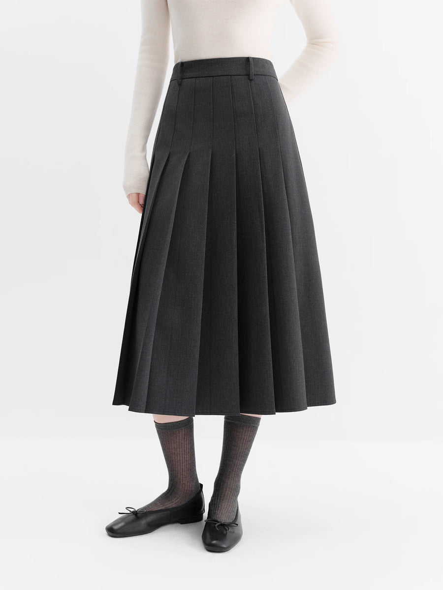 Charcoal Pleated A-Line Midi Skirt