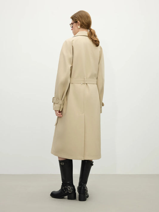Beige Double Breasted Belted Long Trench