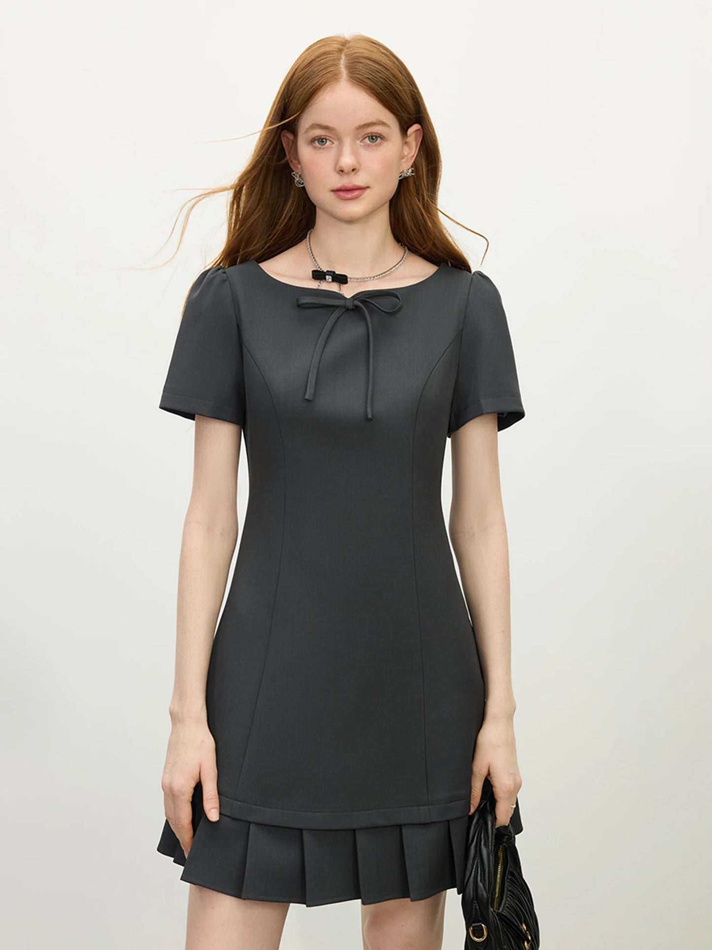 Black Bow Pleated Mini Dress