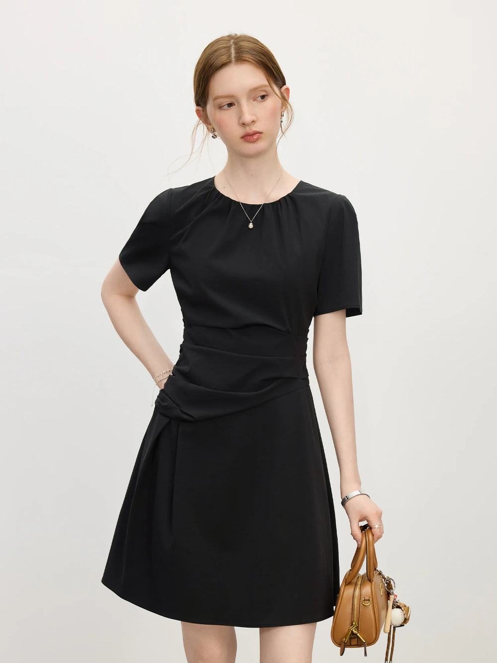 Black Draped Waist Short Sleeve Mini Dress