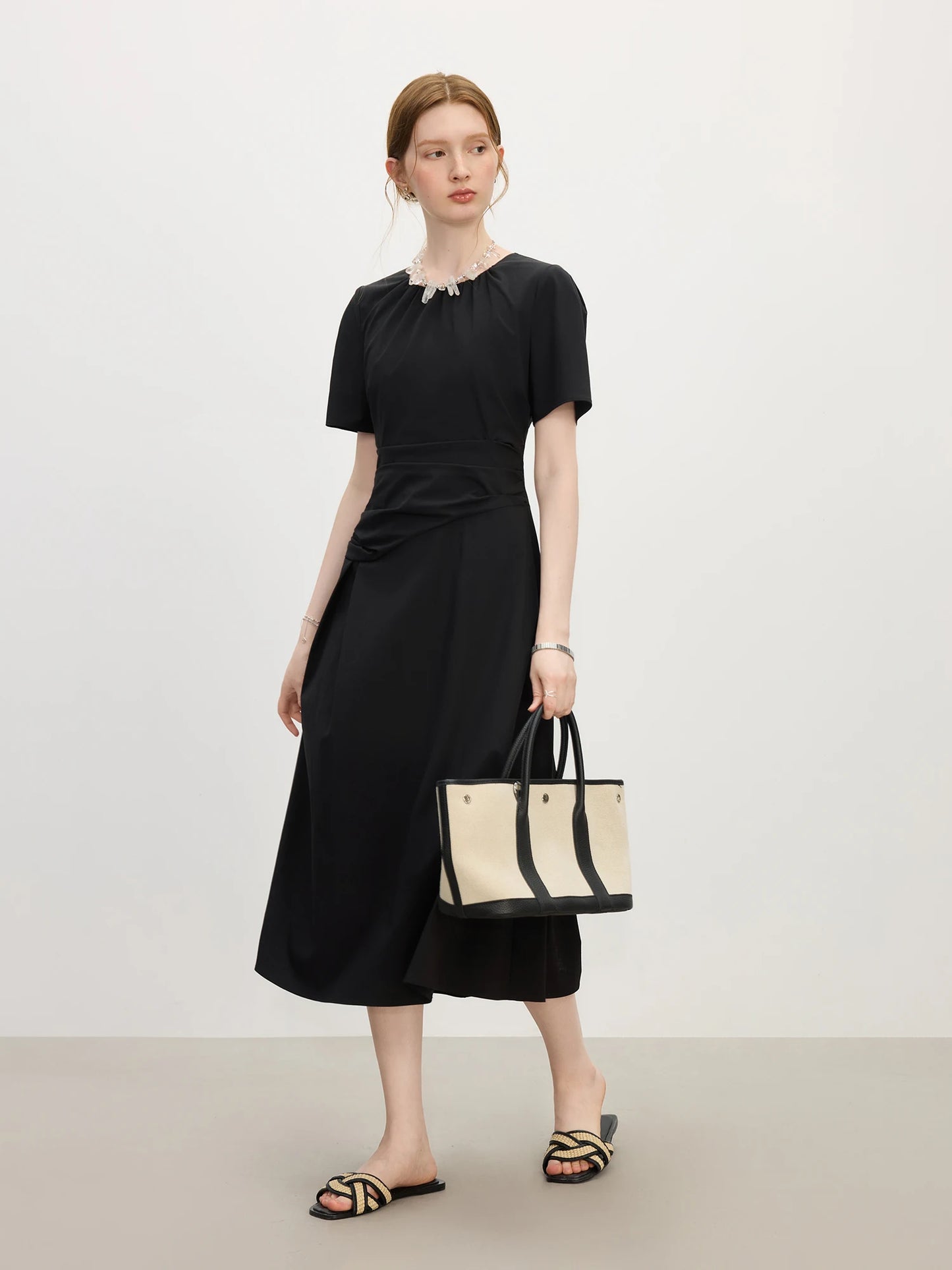Black Draped Waist Short Sleeve Mini Dress