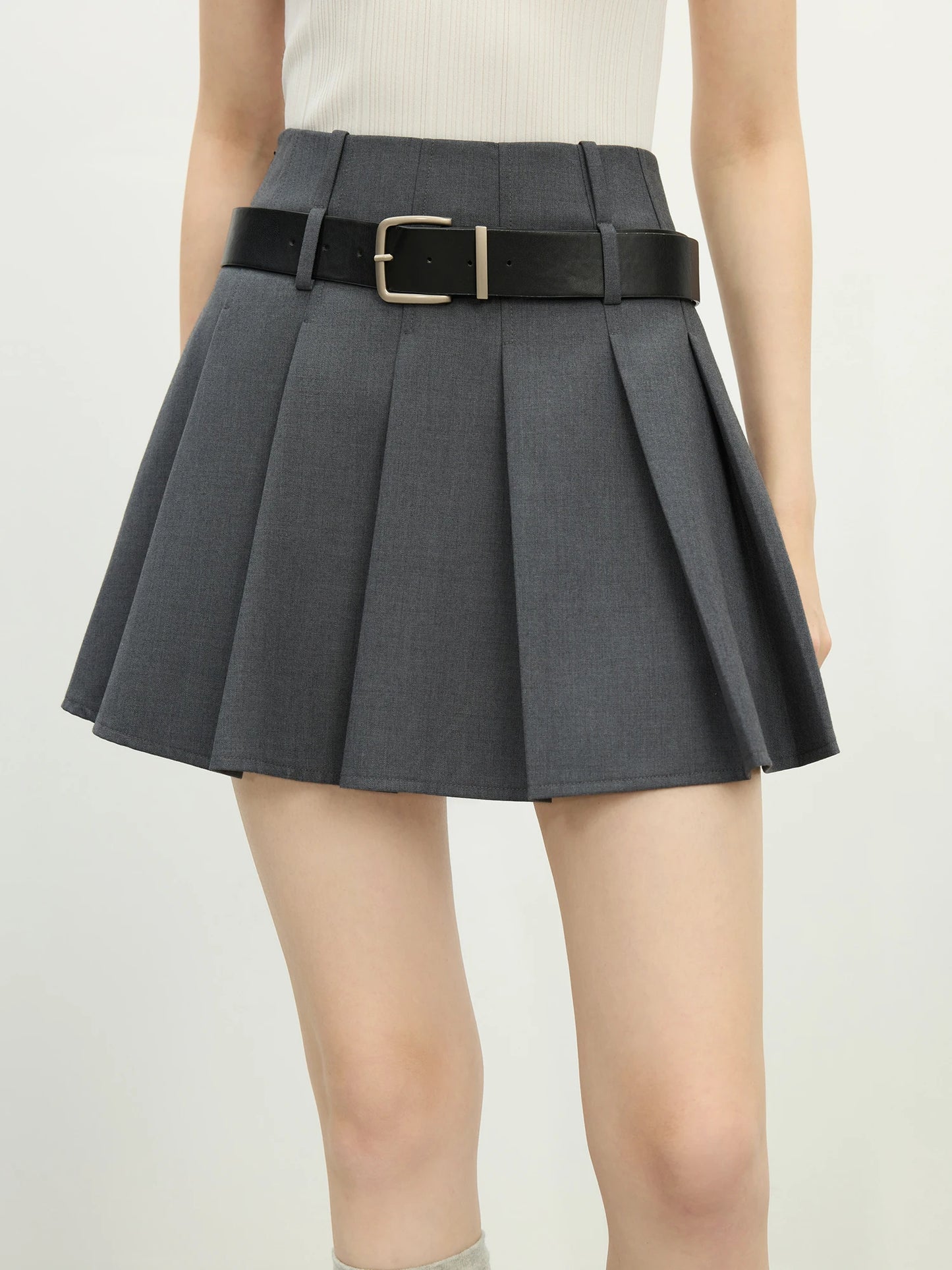 Charcoal Belted Pleated Mini Skirt