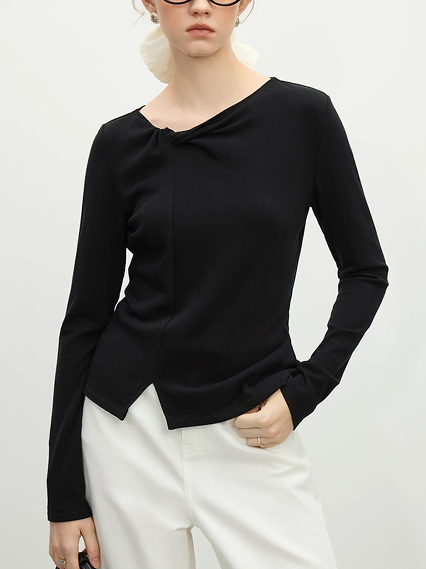 Ivory Asymmetric Neck Long Sleeve Top