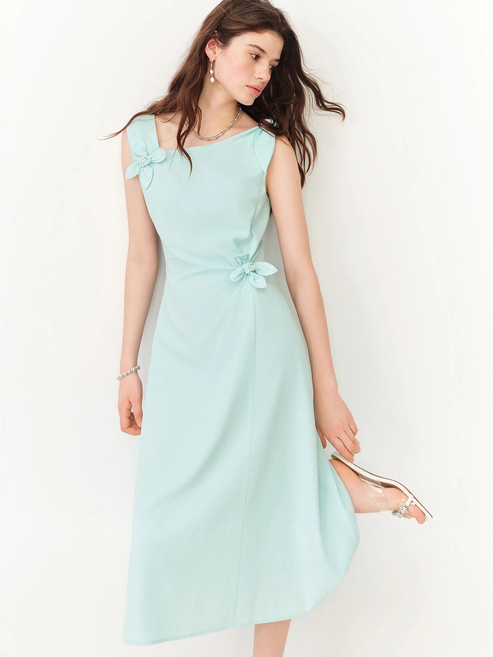 Mint Asymmetric Floral Applique Midi Dress
