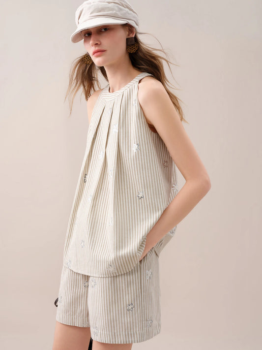 Beige Striped Embroidered Swing Blouse