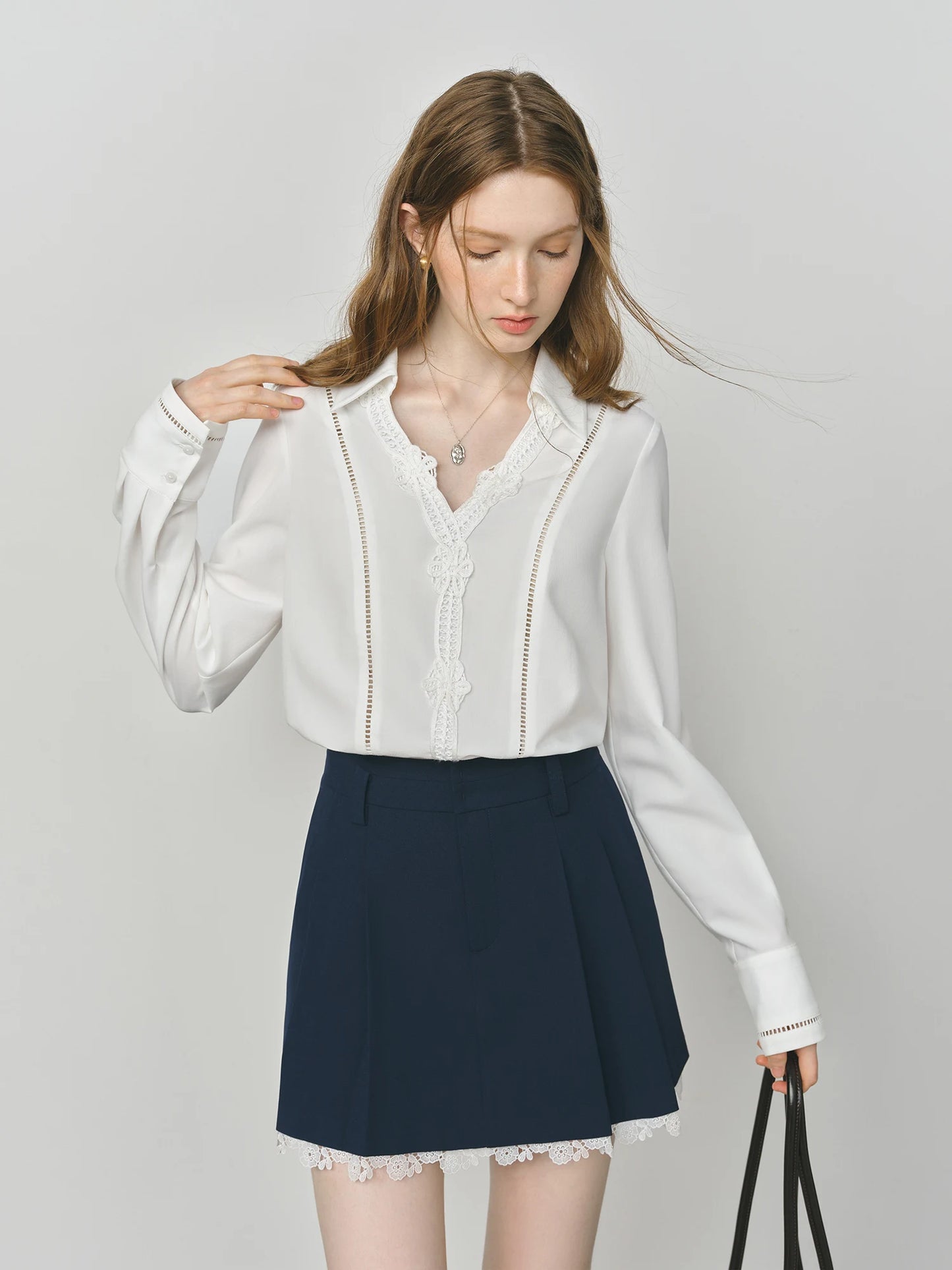 White Lace Panel V Neck Blouse