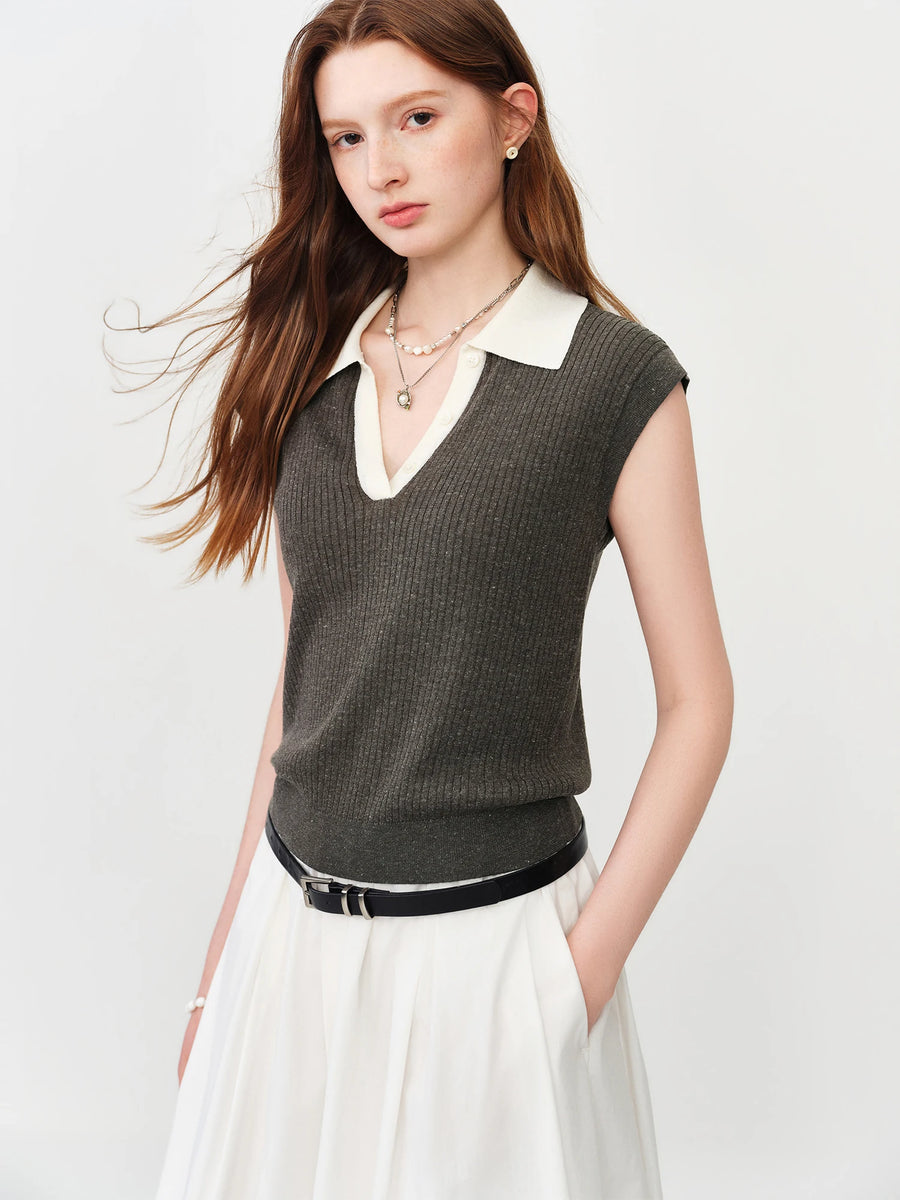 Charcoal Contrast Collar Knit Vest