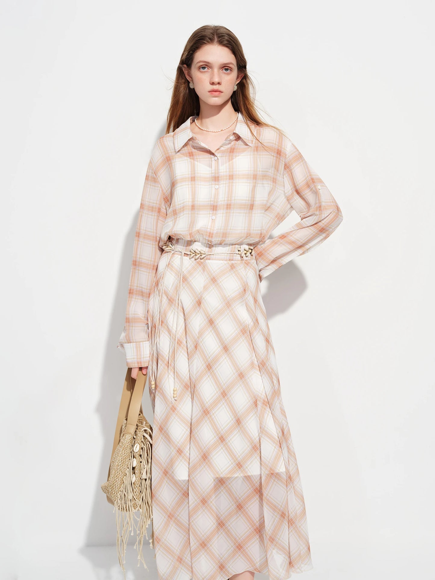 Navy Plaid Belted Shirt Maxi Dress