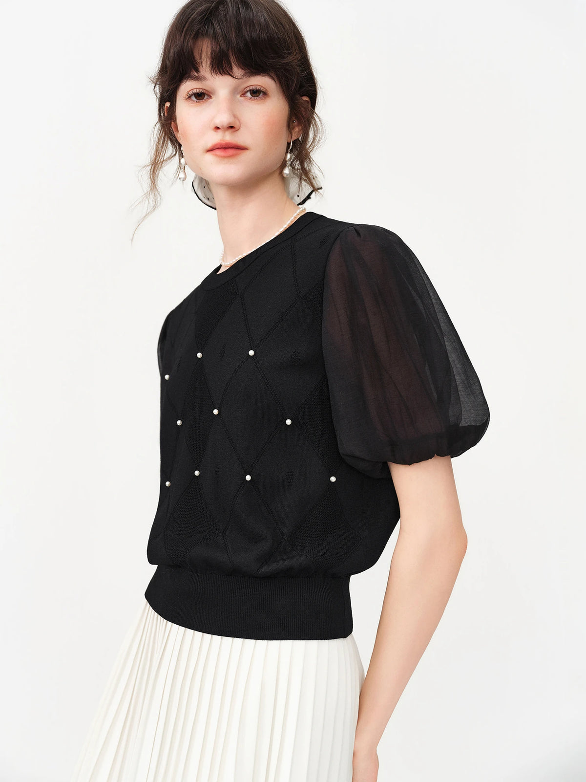 Black Pearl Puff Sleeve Knit Top