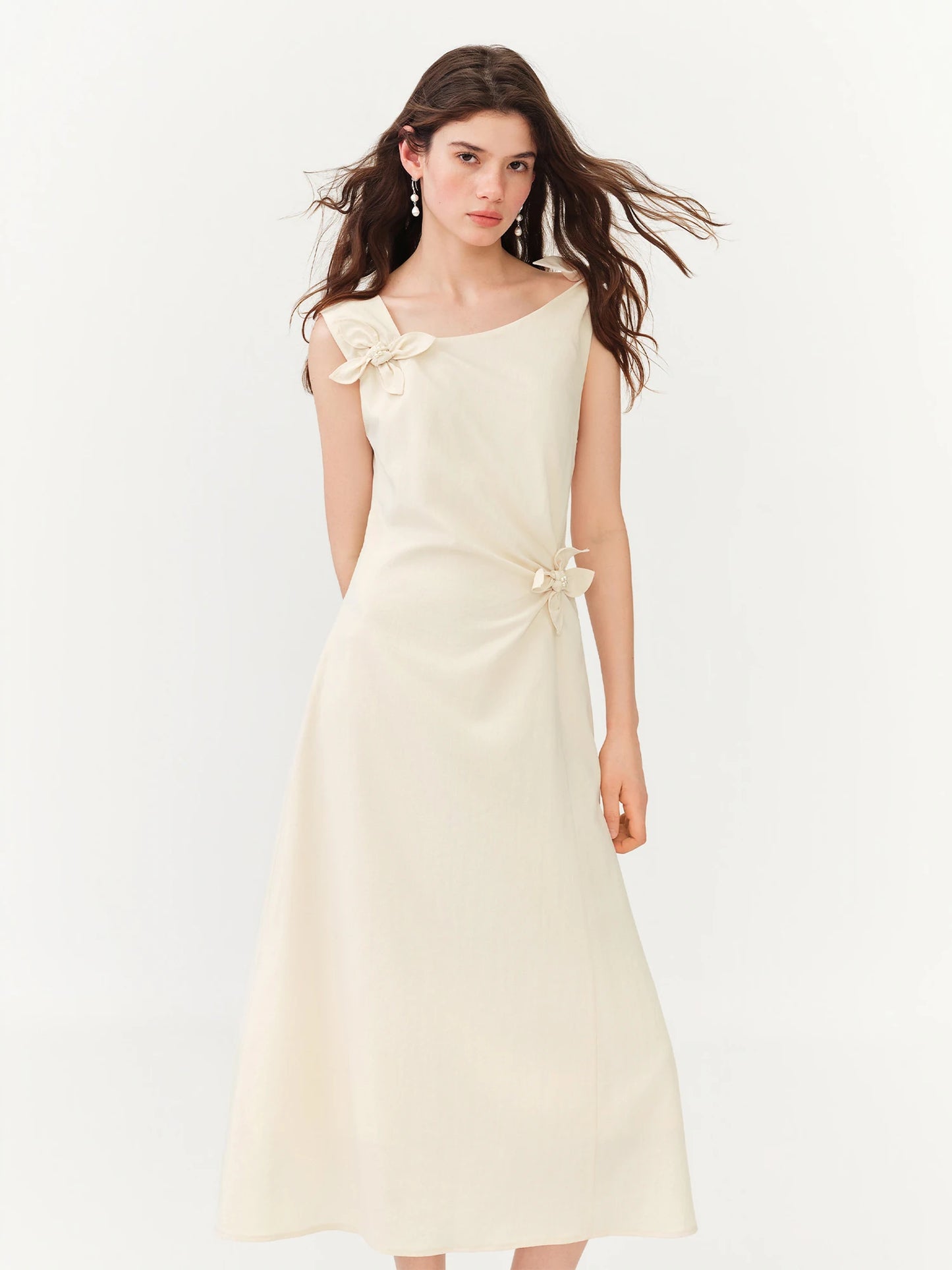 Mint Asymmetric Floral Applique Midi Dress