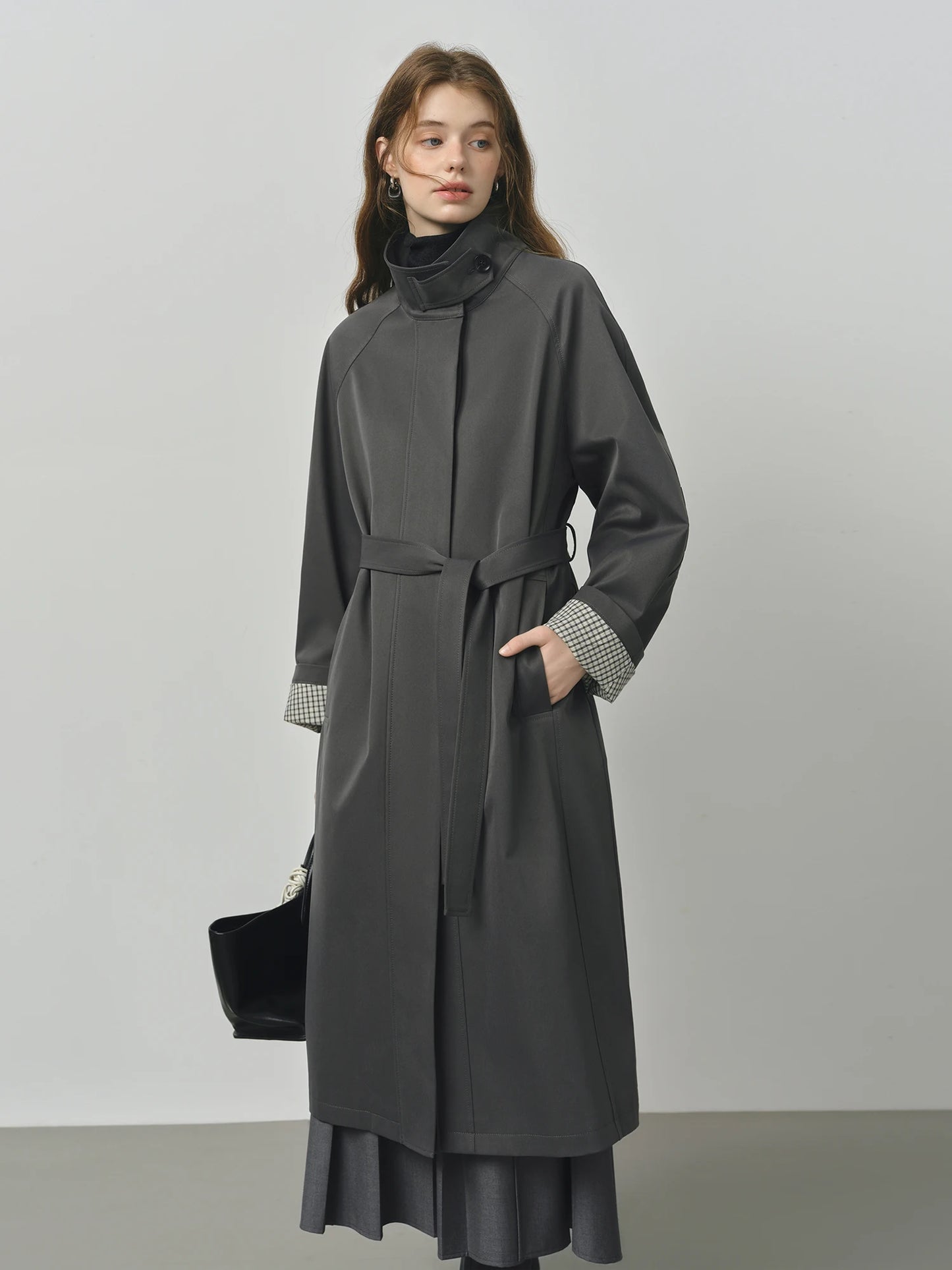 Light Grey Stand Collar Belted Trench