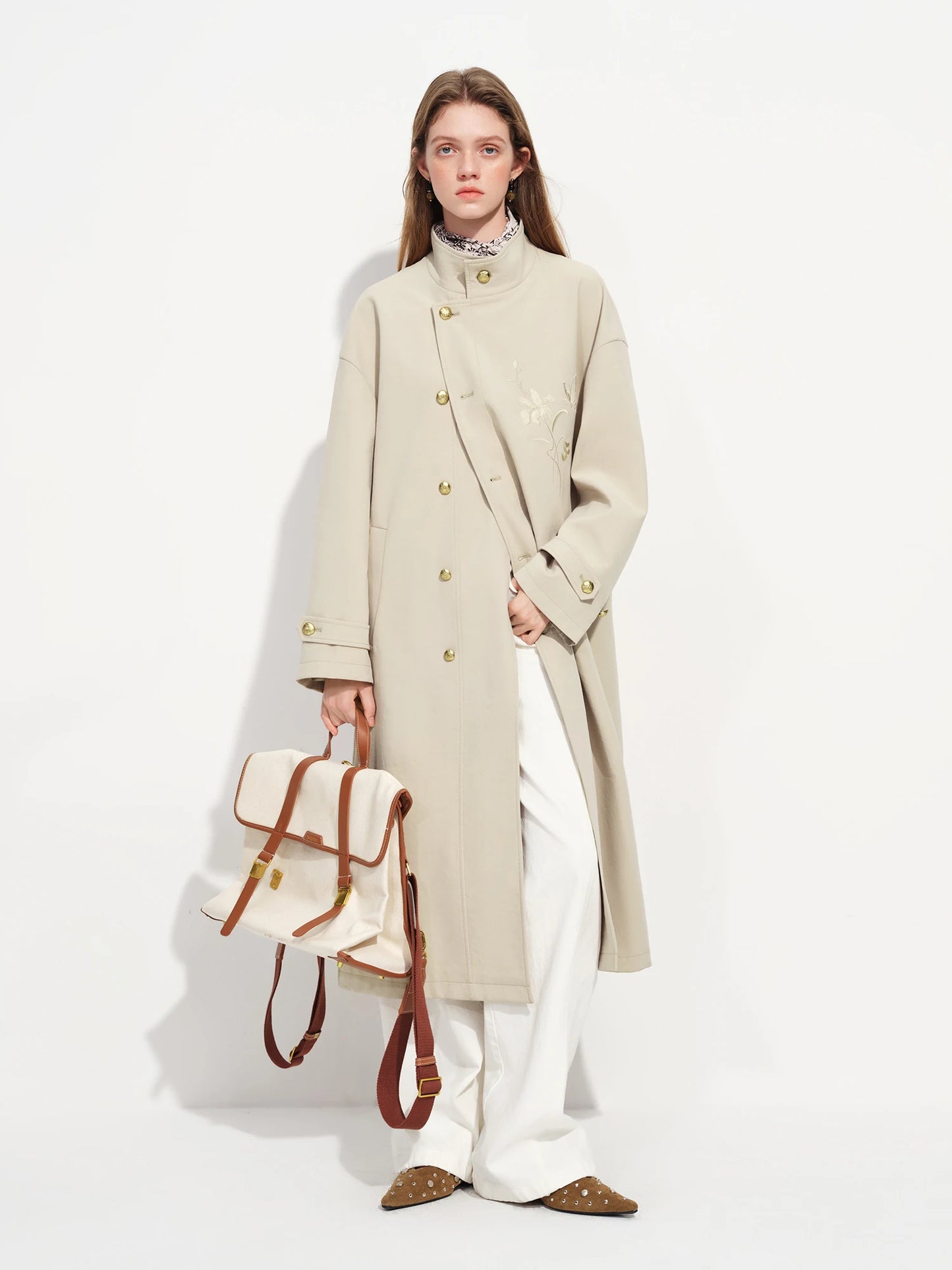 Ivory Embroidered Stand Collar Trench