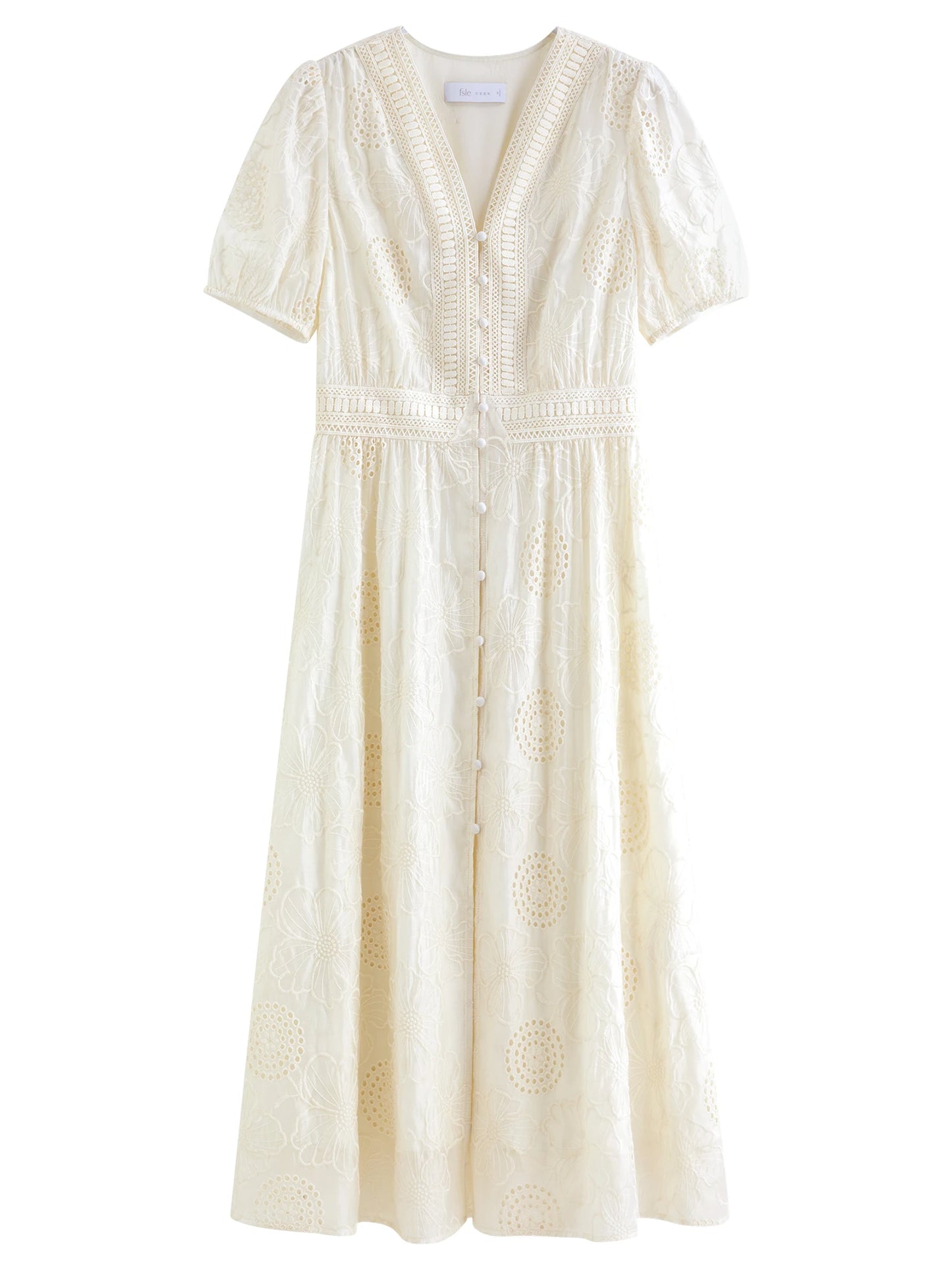 Ivory Eyelet V-Neck Midi Dress