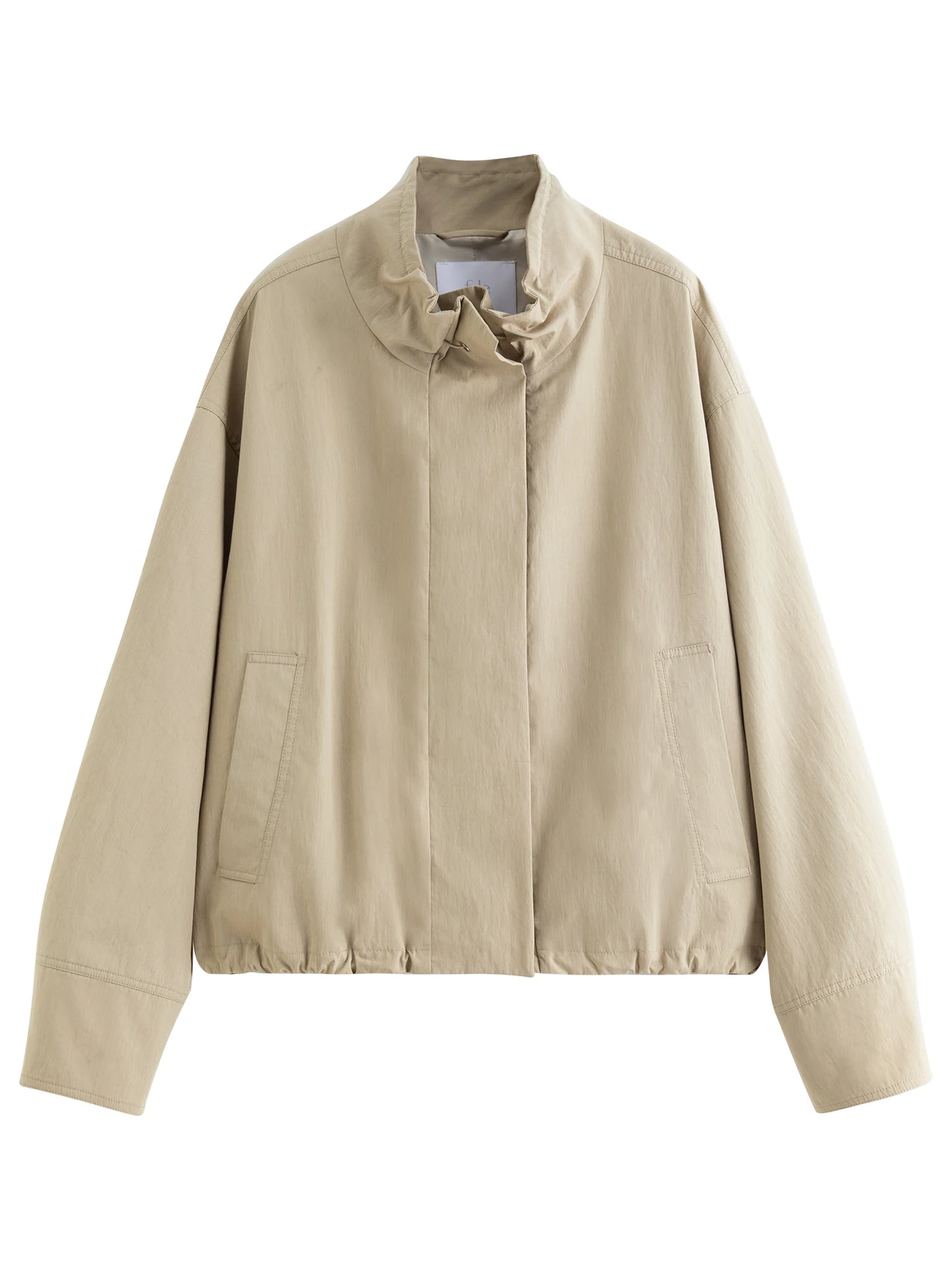 Beige Puff Sleeve Bomber Jacket