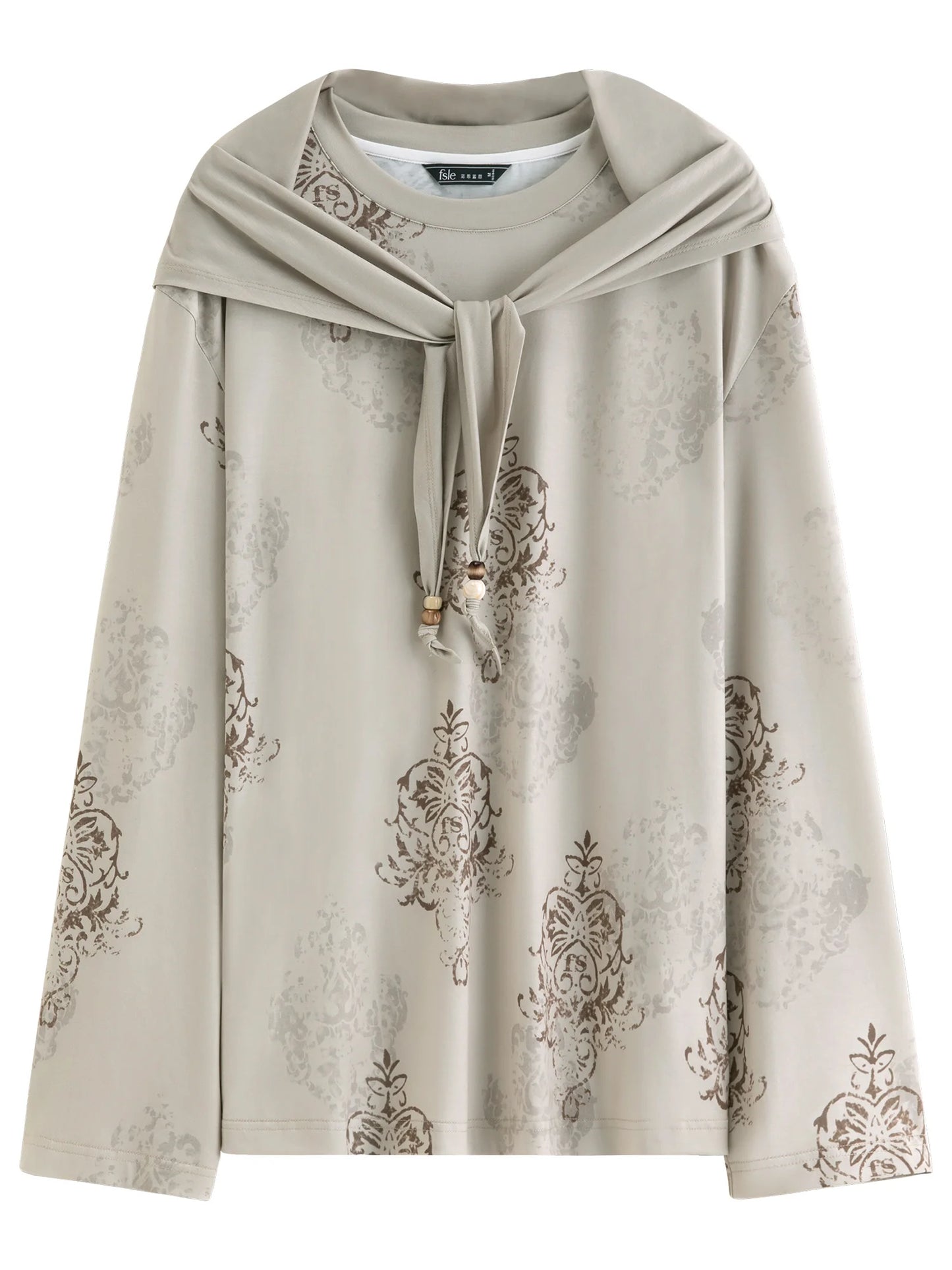 Taupe Jacquard Mandarin Collar Blouse