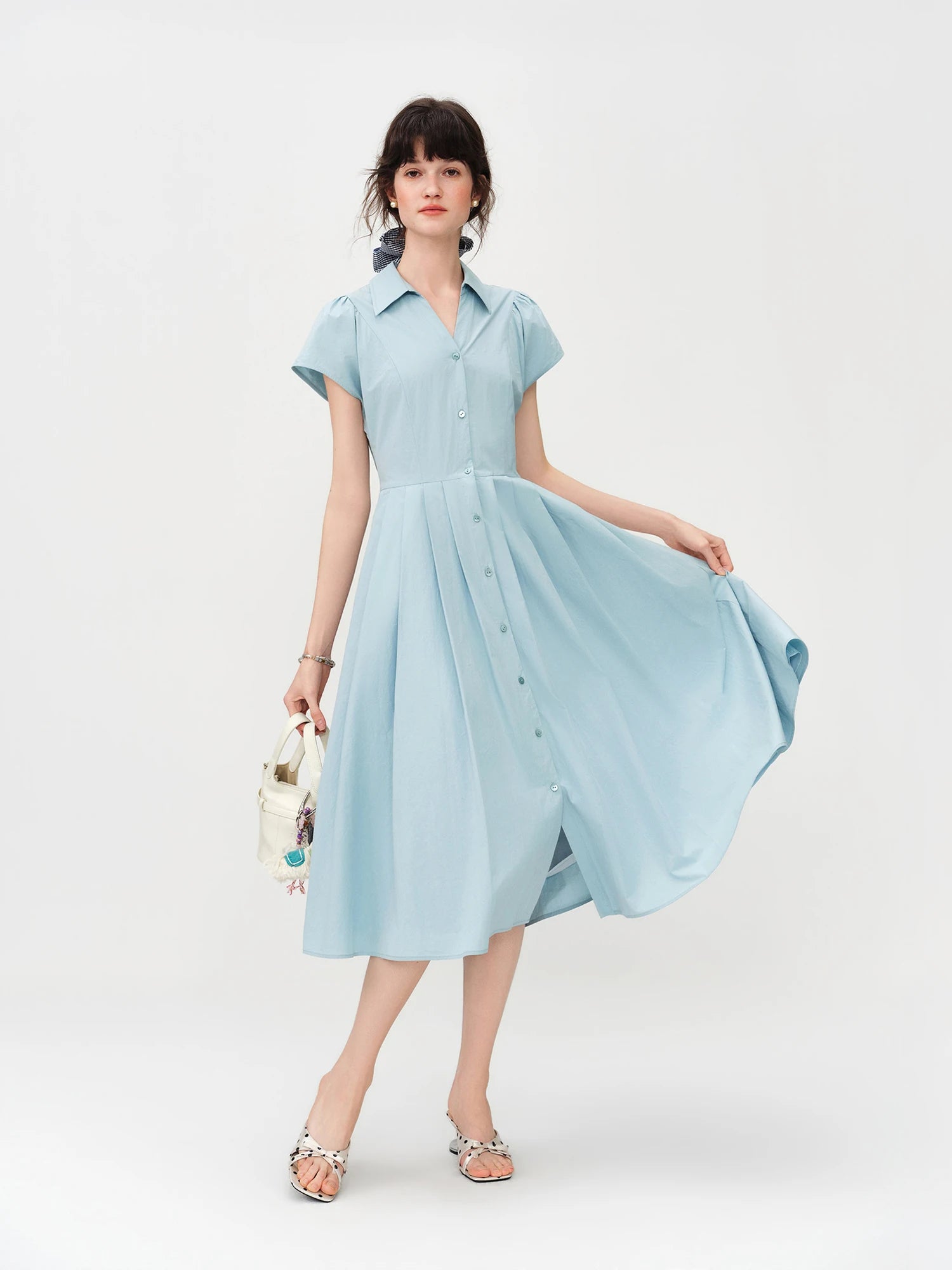 Pale Blue Belted Shirt Midi Dress