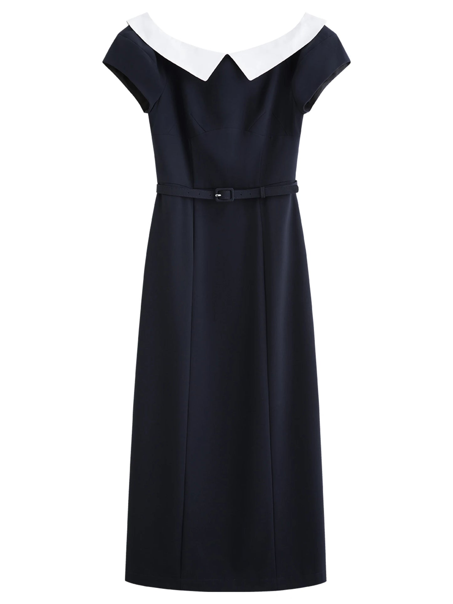 Navy Contrast Collar Midi Dress