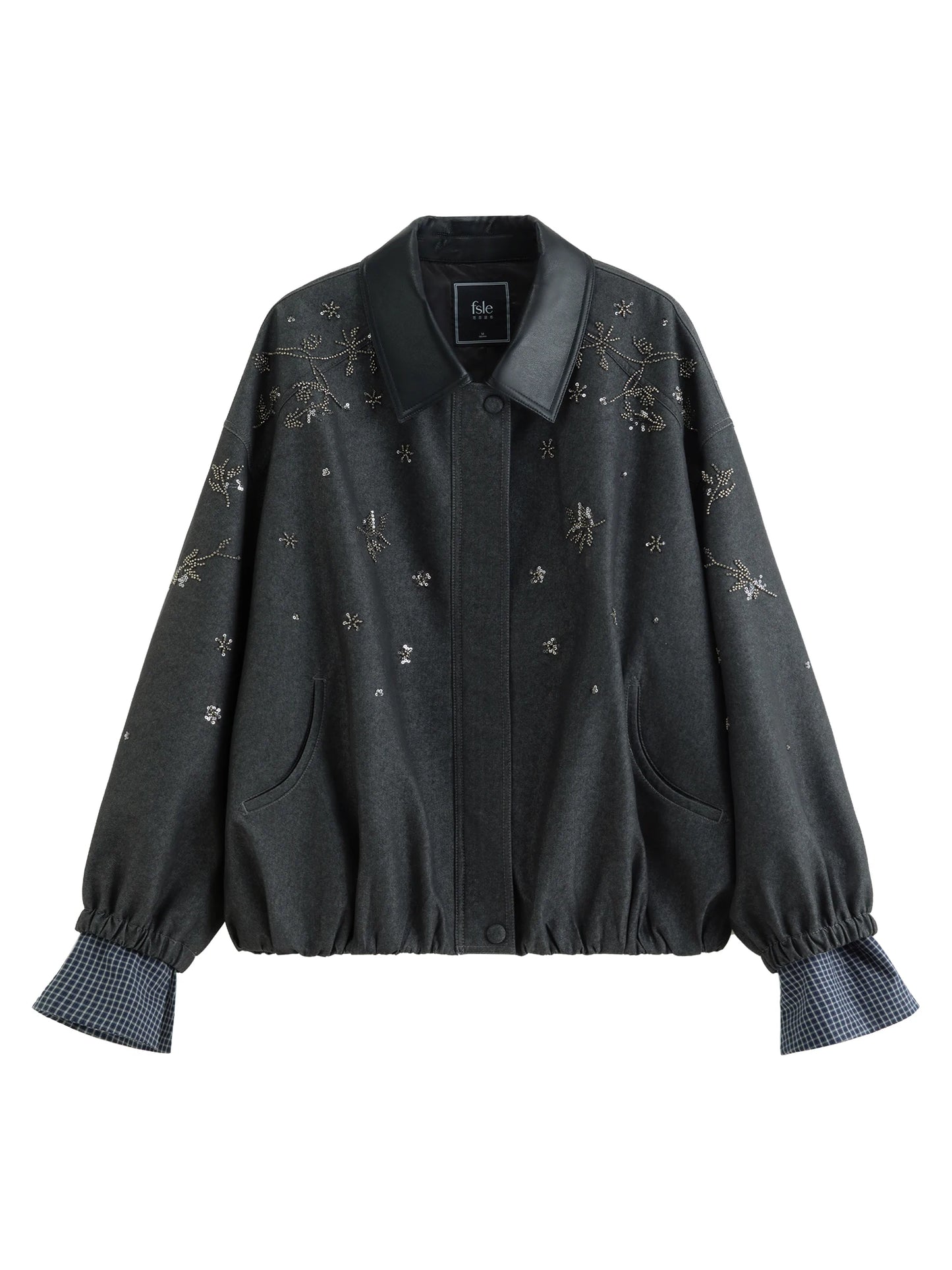 Charcoal Beaded Oversized Bomber Jacket