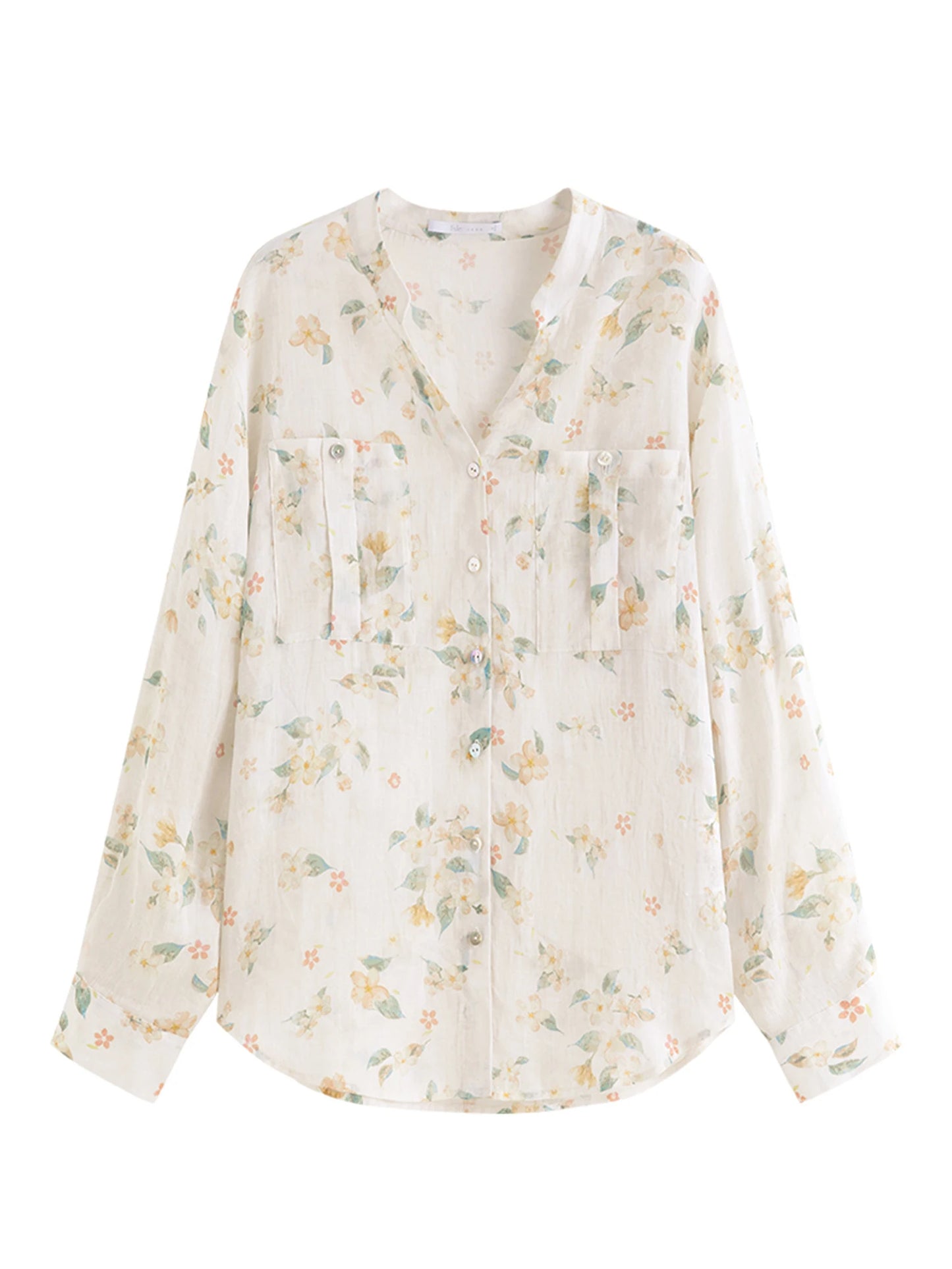 Blue Floral Ruffle Neck Blouse