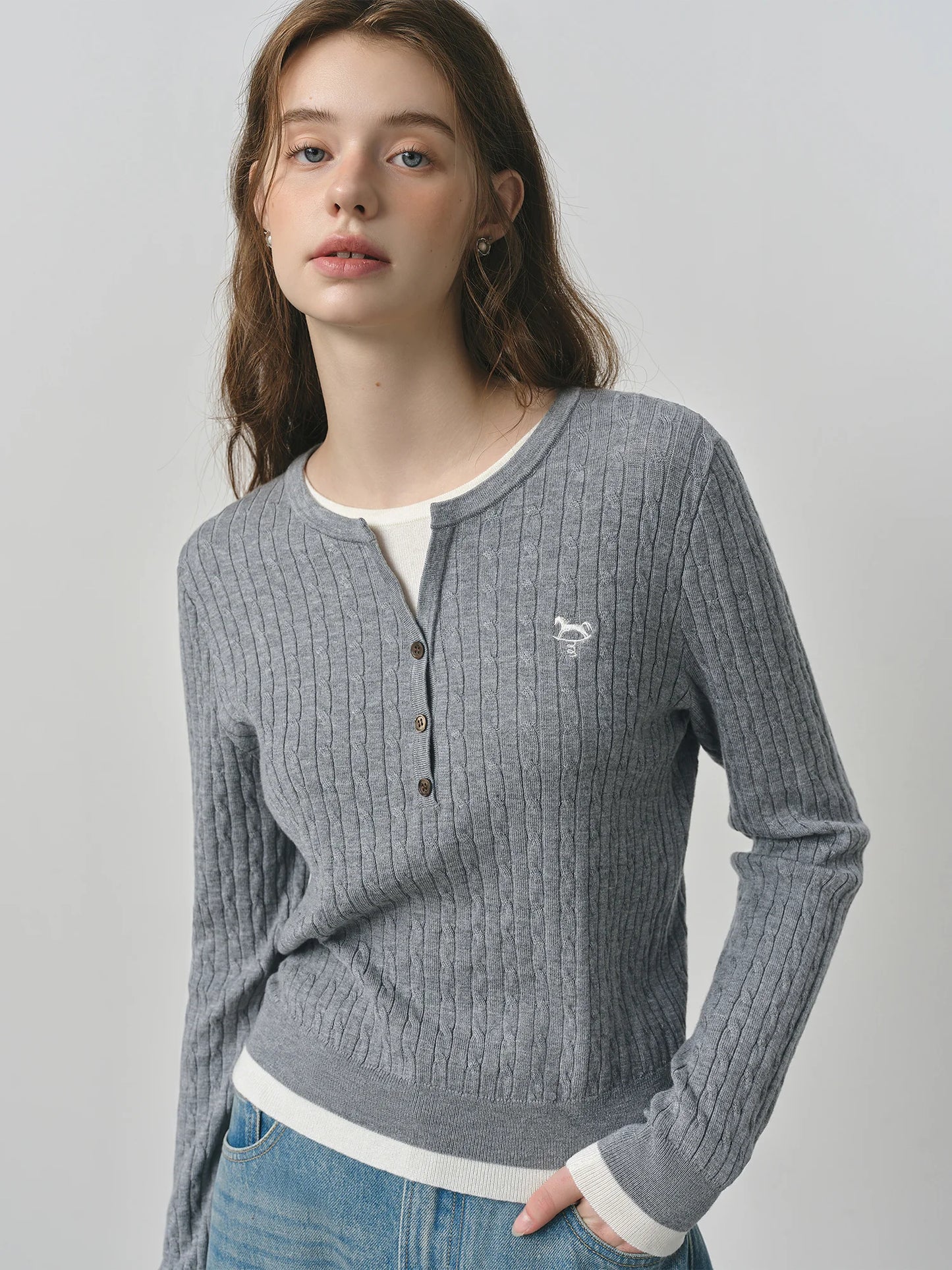 Grey Ribbed Henley Knit Top