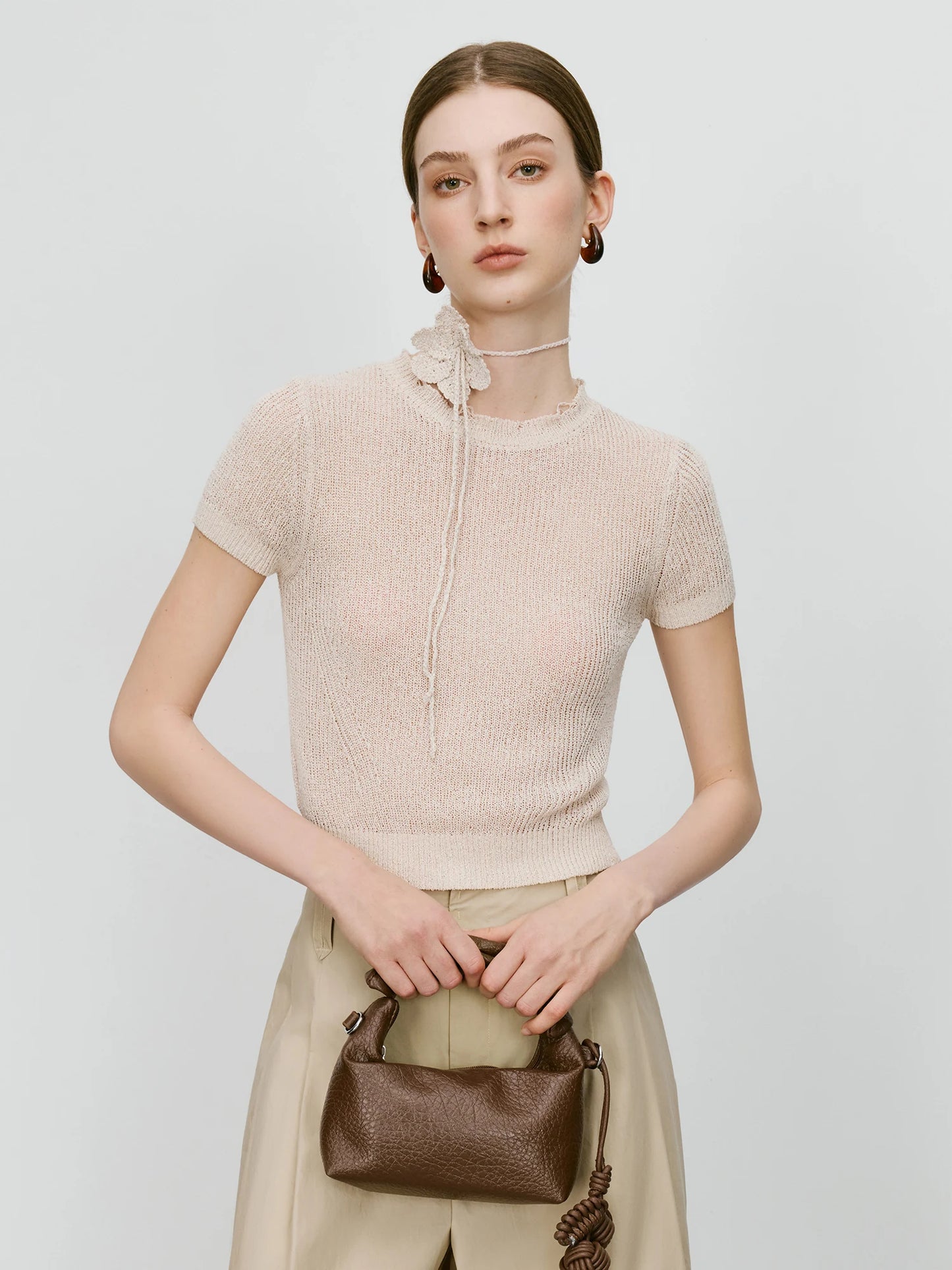 Beige Ruffle Neck Short Sleeve Knit