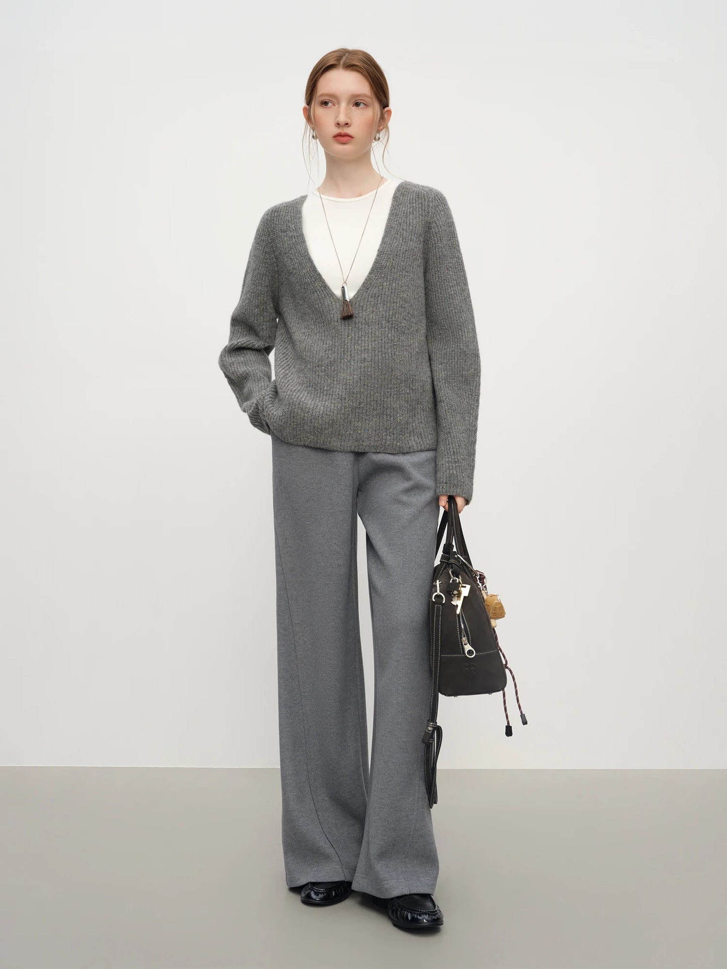 Grey Drawstring Knit Wide Leg Pants