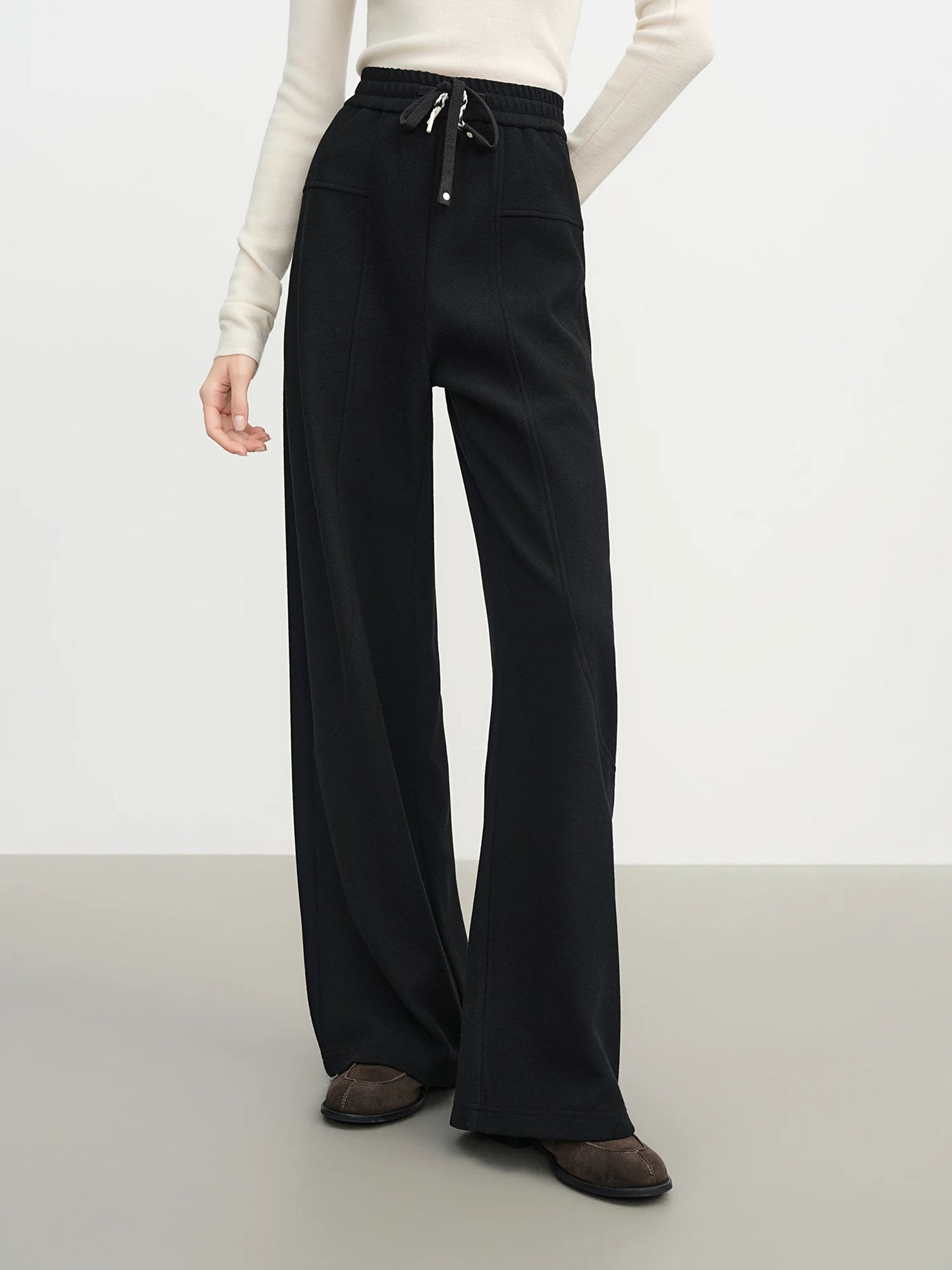 Black Drawstring Knit Wide Leg Pants