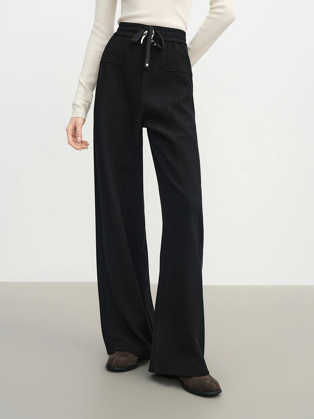 Black Drawstring Knit Wide Leg Pants