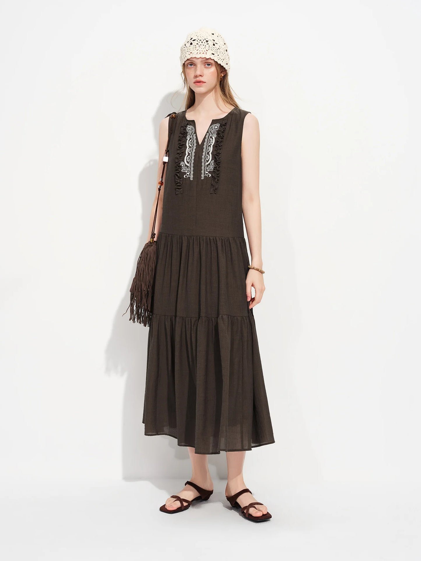Brown Embroidered Sleeveless Mini Dress
