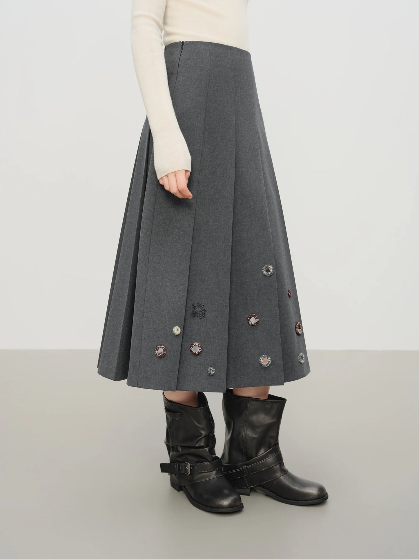 Charcoal Button Pleated Midi Skirt