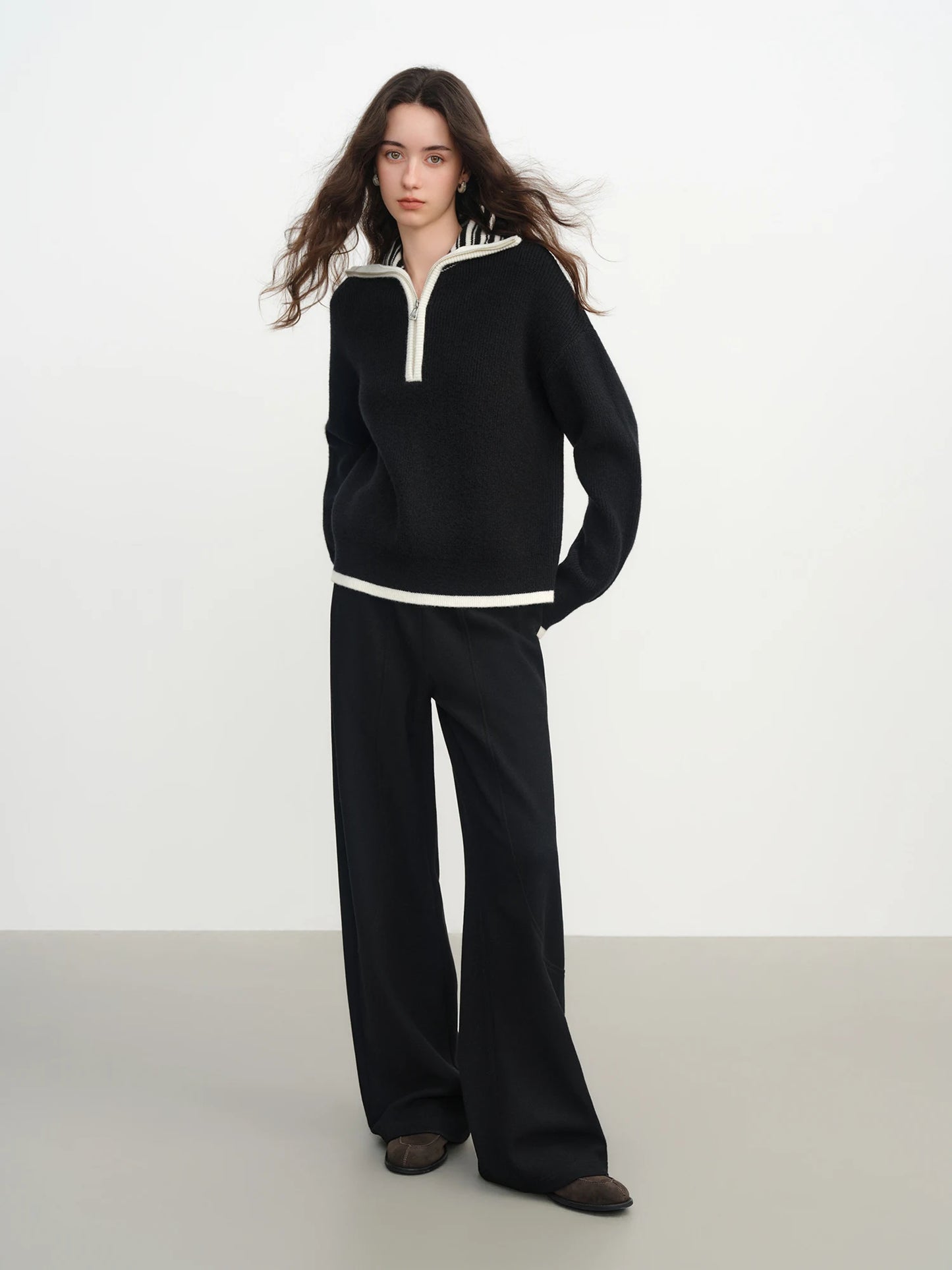 Black Drawstring Knit Wide Leg Pants