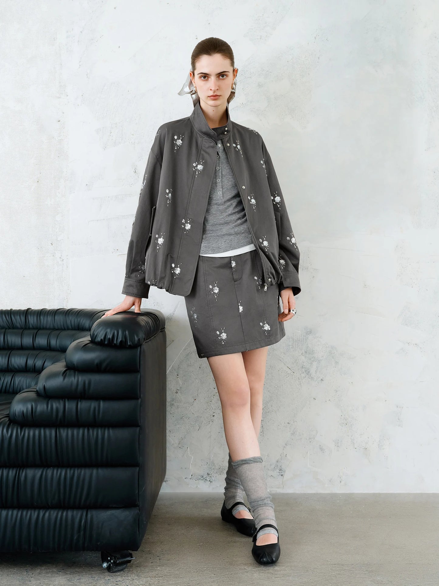 Grey Sequin Jacket Mini Skirt Set