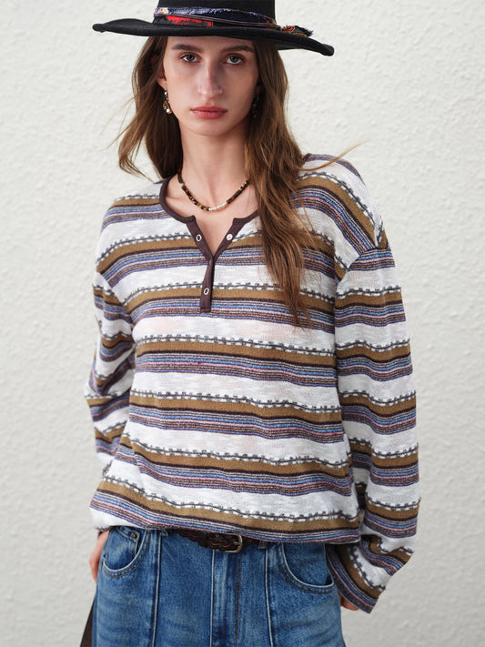 Striped Textured V Neck Pullover