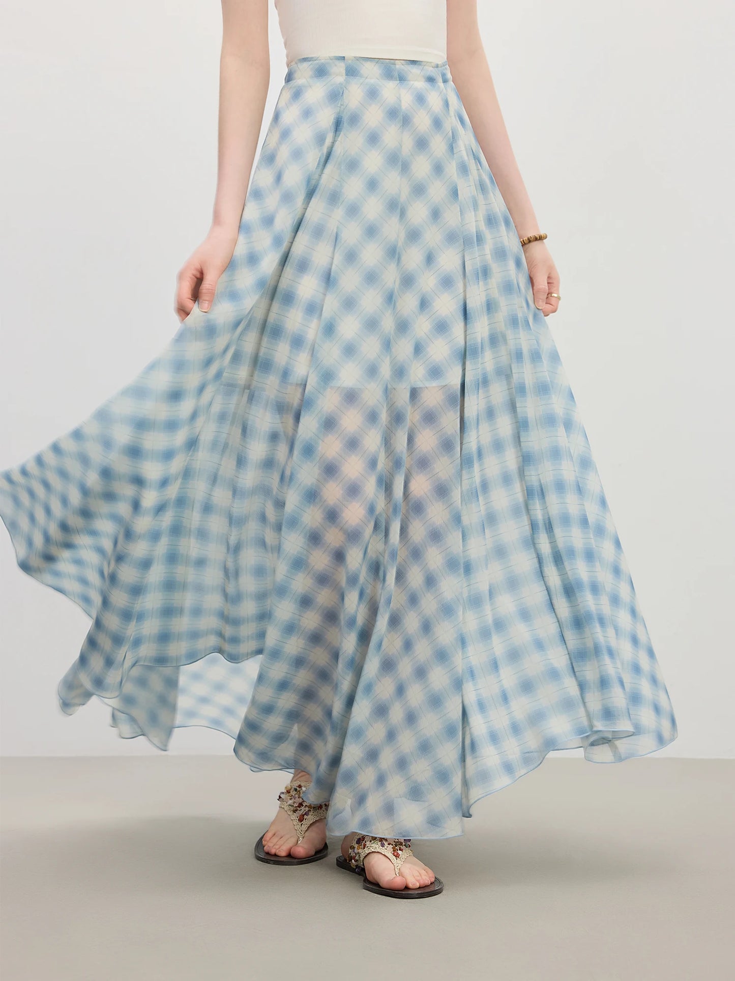 Beige Plaid Bias Cut Maxi Skirt