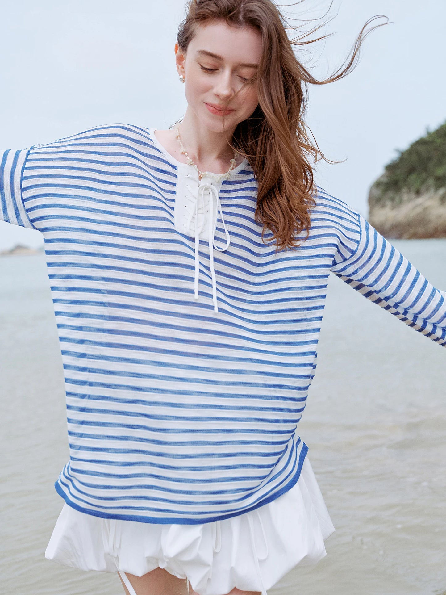 Blue Striped Lace Placket Oversized Shirt