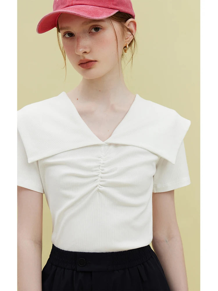 Blush Ruched Sailor Collar Knit Top