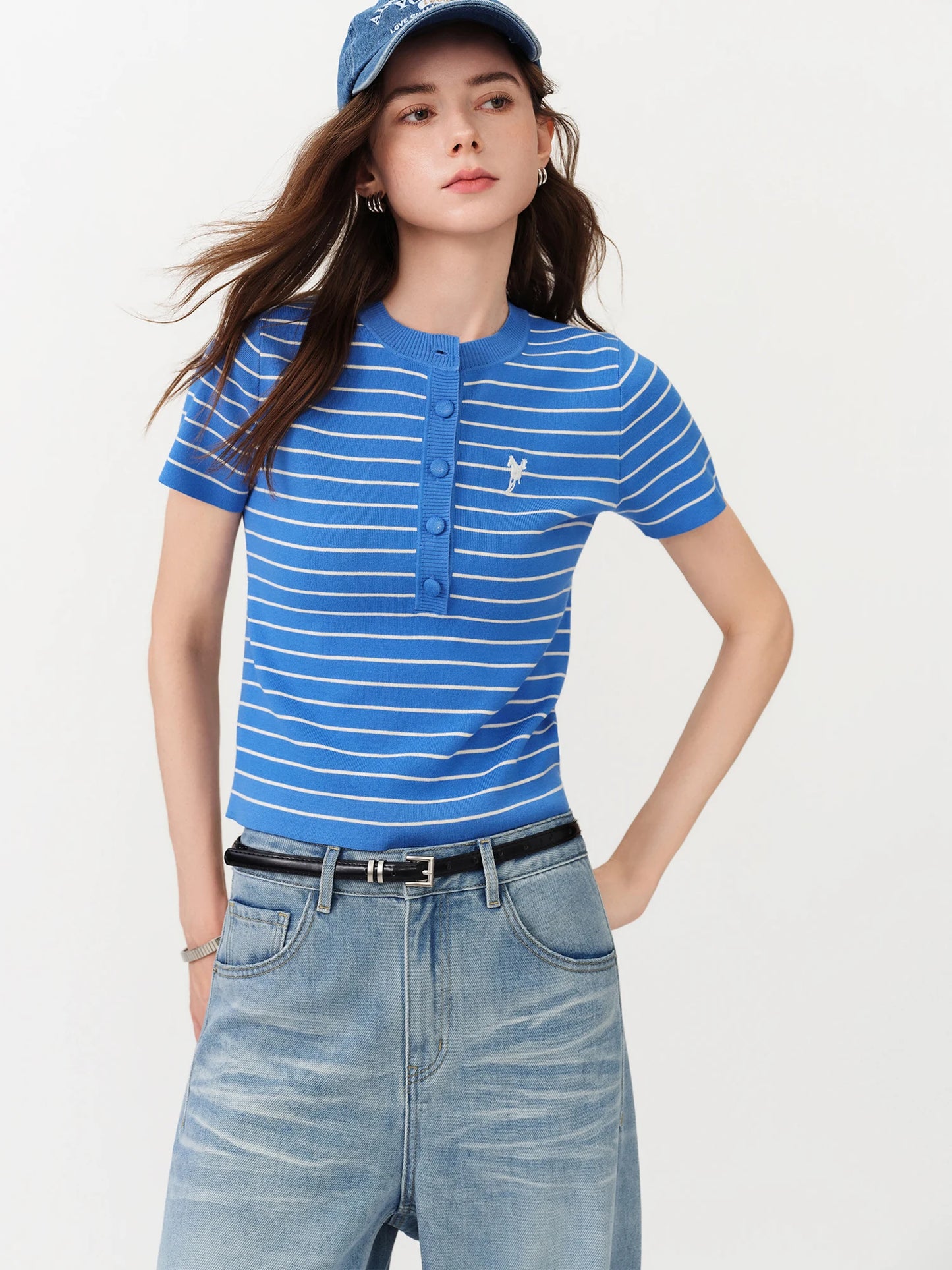 Red Striped Tie Neck Polo Top