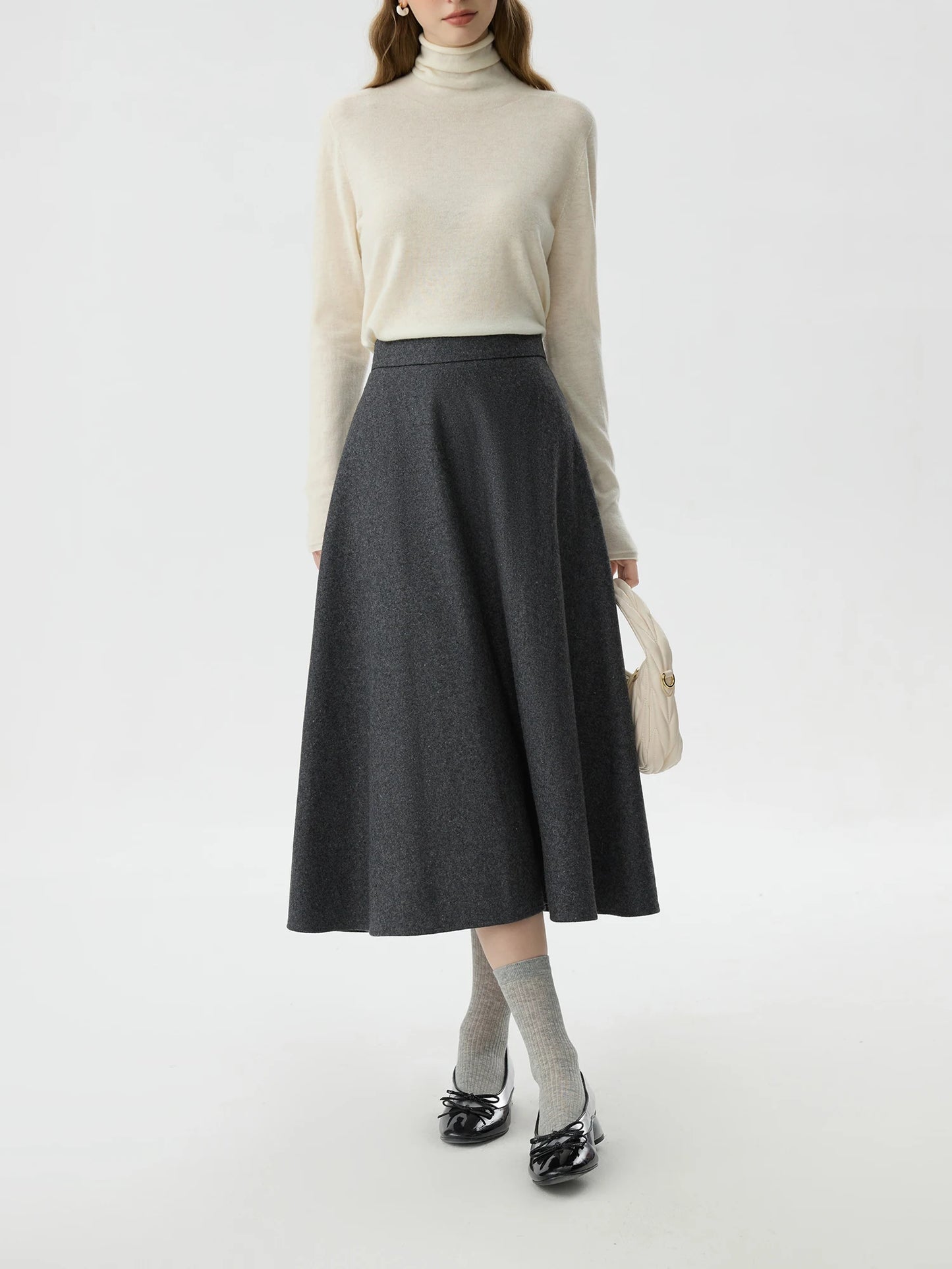 Black Wool A-Line Midi Skirt