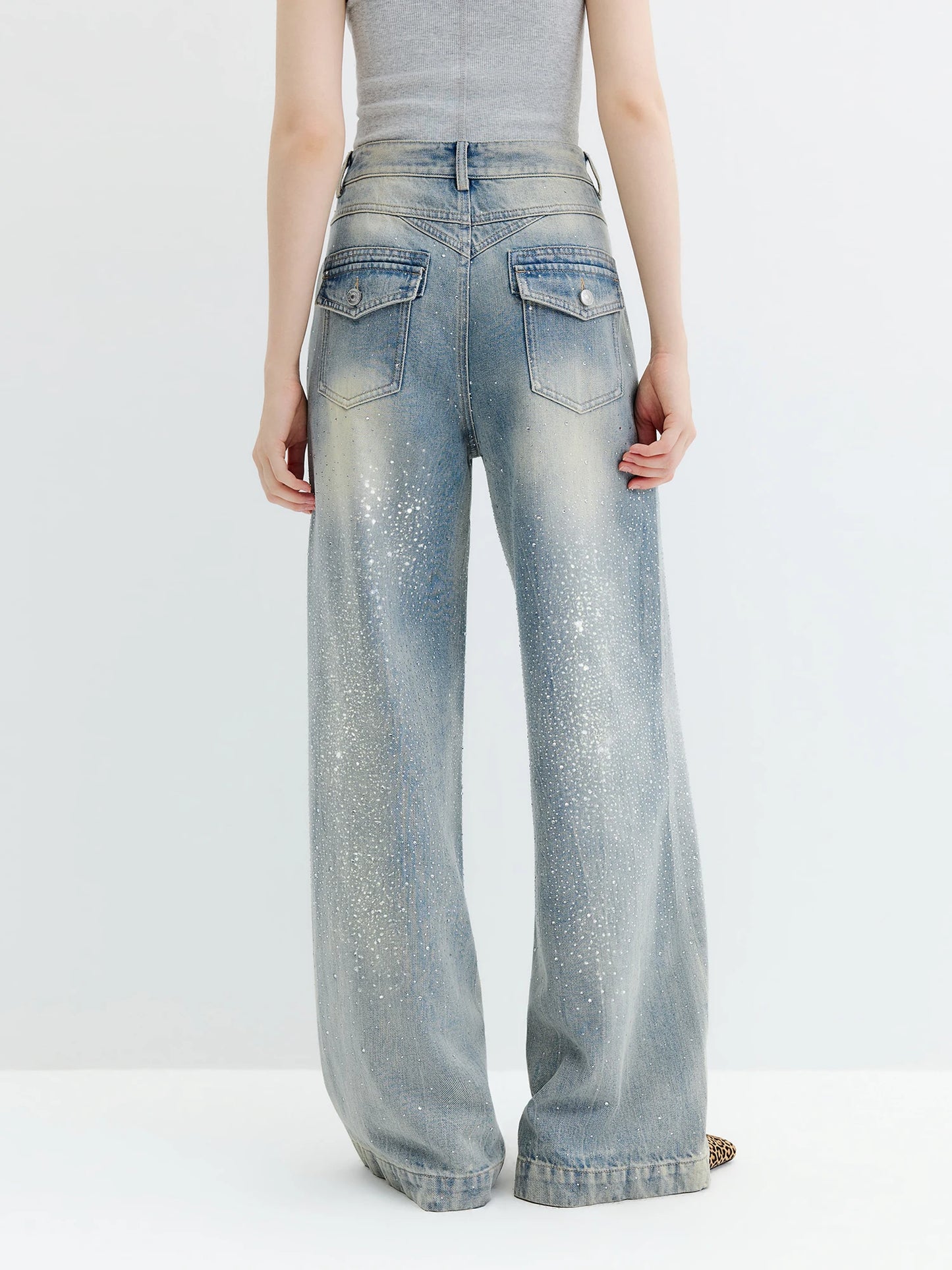 Light Wash Rhinestone Wide Leg Jeans