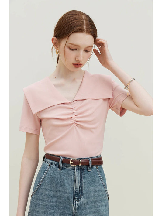 Blush Ruched Sailor Collar Knit Top