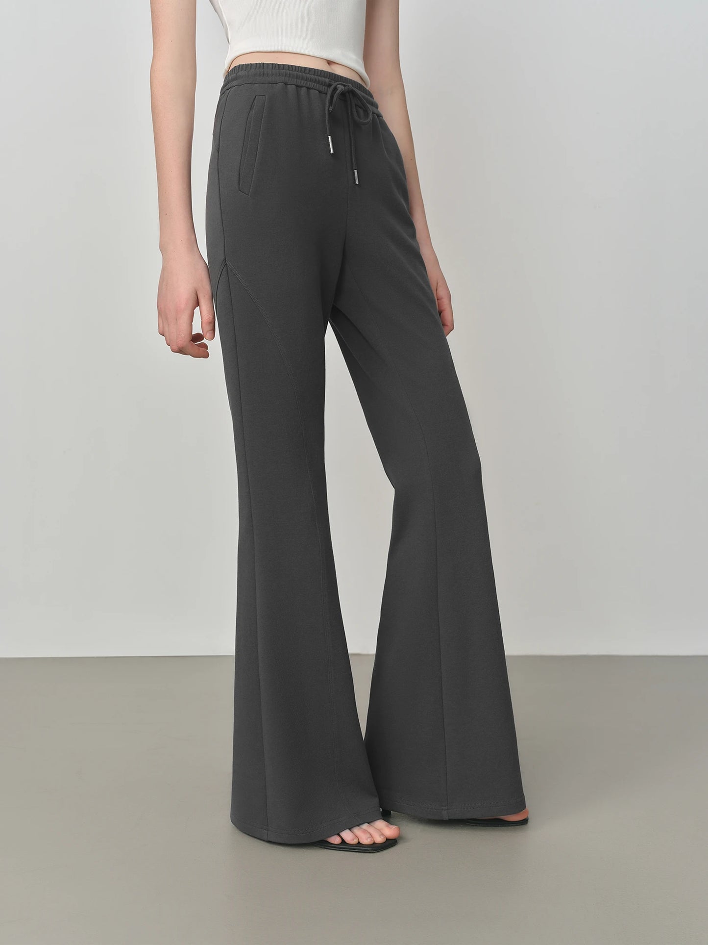 Grey Drawstring Flared Knit Pants