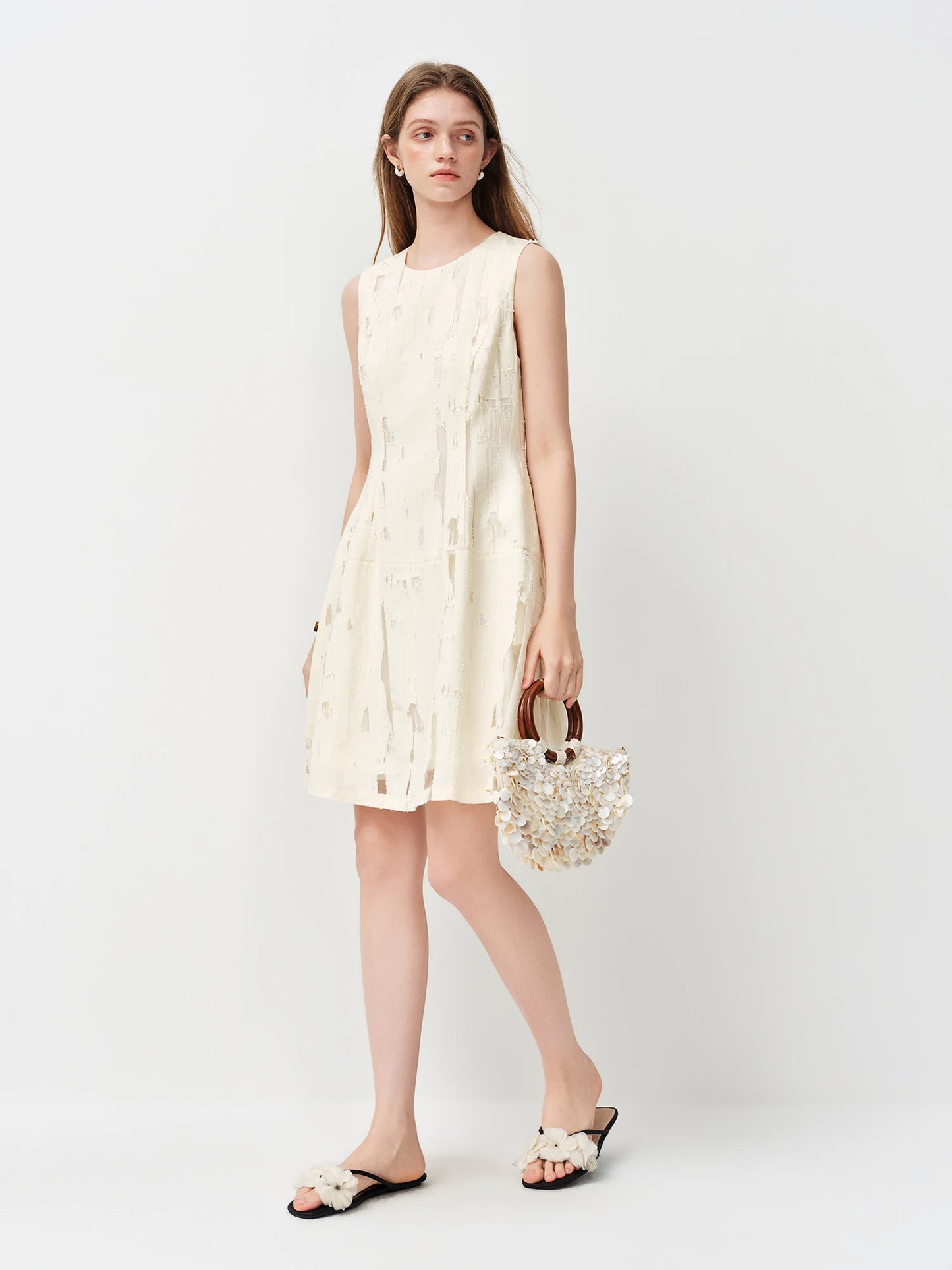 Ivory Embroidered Sleeveless Midi Dress