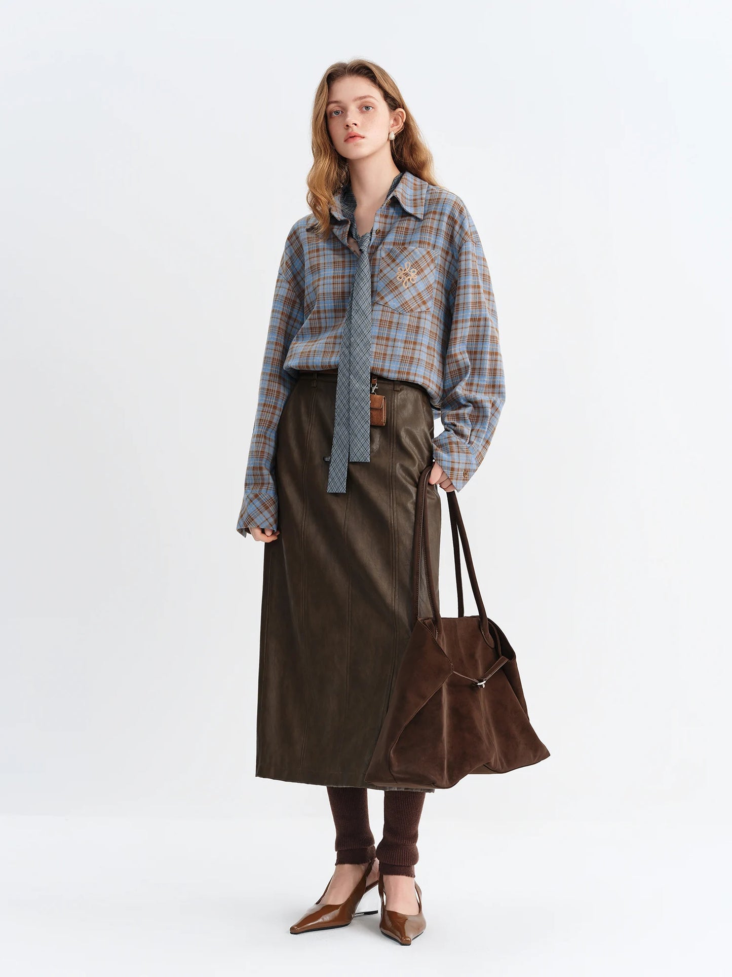 Brown Faux Leather Straight Midi Skirt