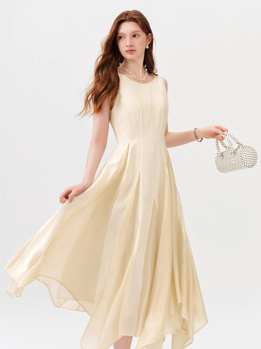Butter Yellow Flowing A-Line Midi Dress