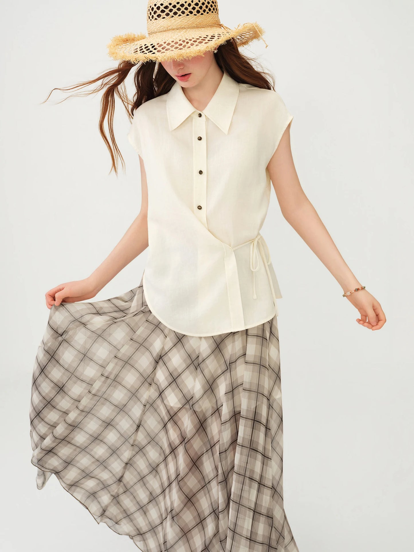 Ivory Linen Belted Sleeveless Shirt