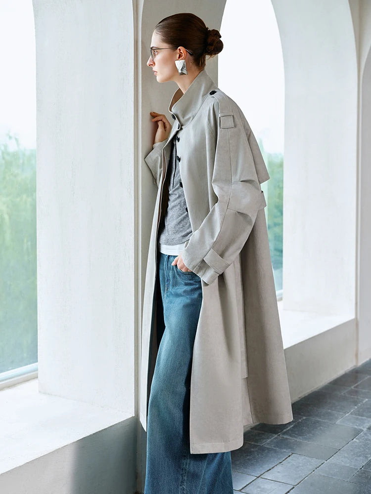 Pale Grey High Collar Belted Trench