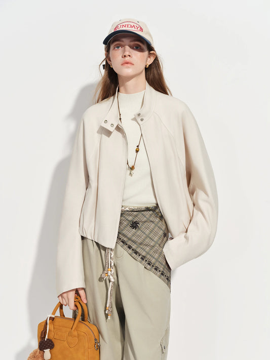 Ivory Stand Collar Bomber Jacket