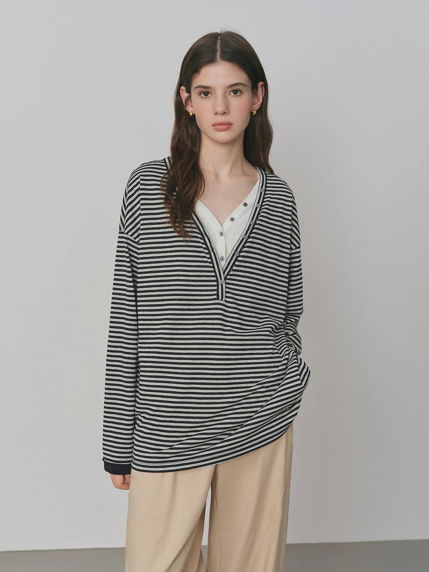 Striped V Neck Layered Long Sleeve Tee