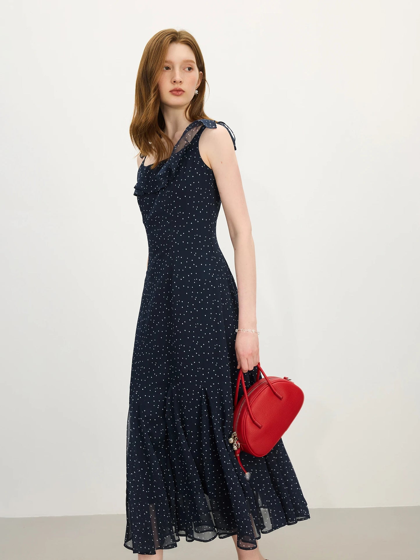 Navy Floral Ruffle Hem Midi Dress